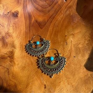 Antique Gold Filigree Hoop Earrings with Turquoise Accent - Women Jewelry